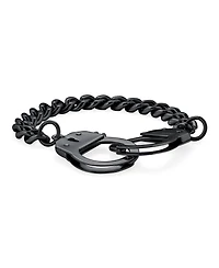 Bling Jewelry Biker Couples Handcuff Statement Bracelet Cuban Curb Chain Black Ip Stainless Steel