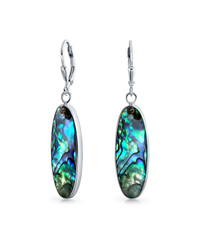Bling Jewelry Geometric Iridescent Rainbow Abalone Shell Oval Long Dangle Earrings Sterling Silver Lever Back
