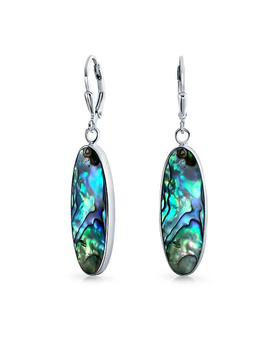 Bling Jewelry Geometric Iridescent Rainbow Abalone Shell Oval Long Dangle Earrings Sterling Silver Lever Back
