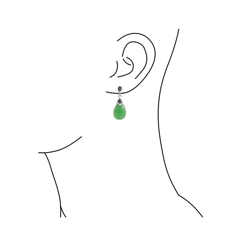 Bling Jewelry Bali Marcasite Accent Pear Shaped Chandelier Dangle Teardrop Green Natural Jade Drop Earrings Two Tone Oxidized Sterling Silver
