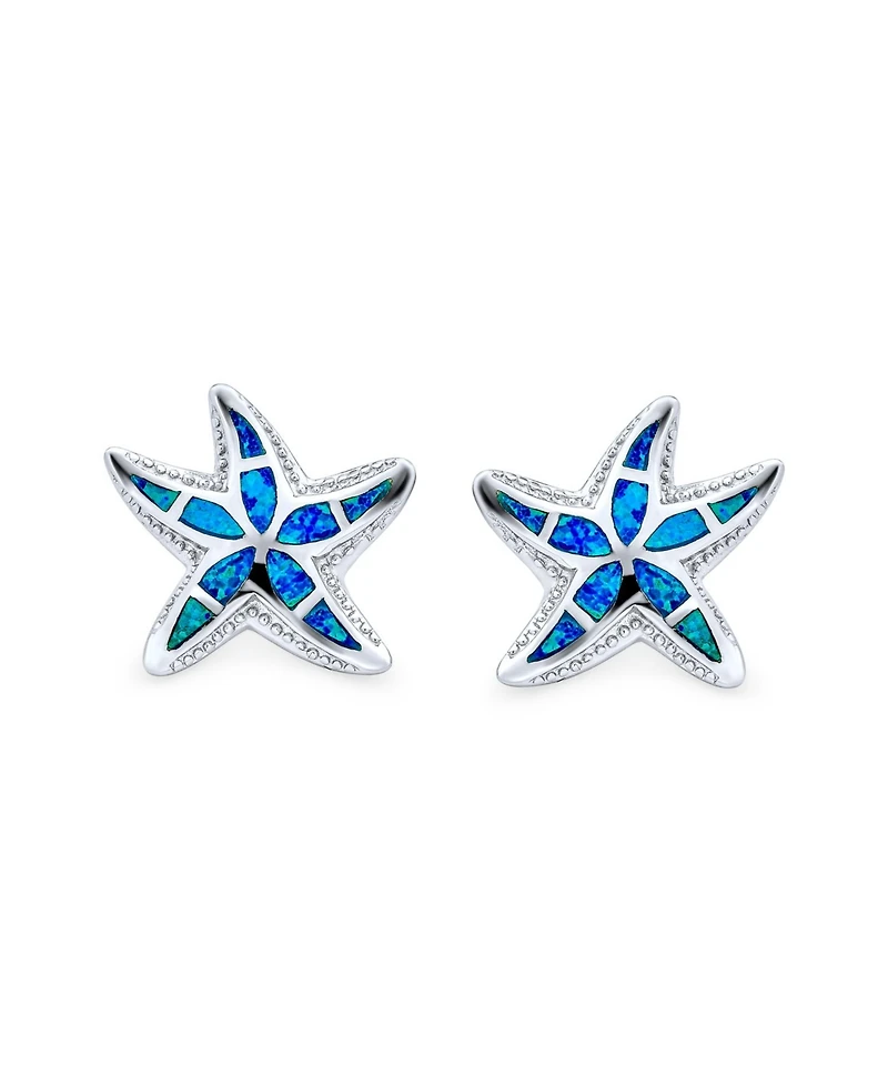 Bling Jewelry Large Nautical Hawaiian Tropical Beach Vacation Blue Inlay Synthetic Opal Starfish Stud Earrings Sterling Silver
