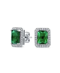 Bling Jewelry 3.5CT Emerald Cut Green Cubic Zirconia Emerald Cz Halo Stud Earring Rhodium Sterling Silver