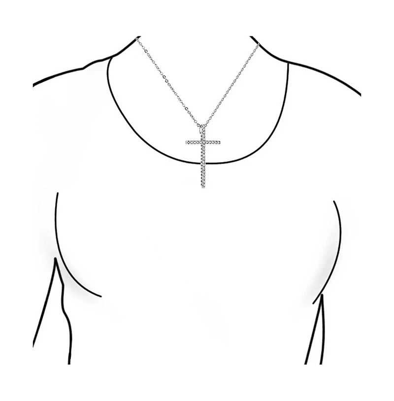 Bling Jewelry Cubic Zirconia Pave Cz Simple Long Cross Pendant Necklace Sterling Silver 1.75 In With Chain