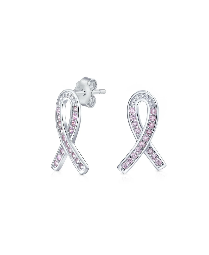 Bling Jewelry Strength and Hope Elegant Fine Pave Cubic Zirconia Cz Pink Ribbon Breast Cancer Survivor Stud Earrings Sterling Silver