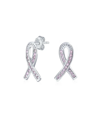 Bling Jewelry Strength and Hope Elegant Fine Pave Cubic Zirconia Cz Pink Ribbon Breast Cancer Survivor Stud Earrings Sterling Silver