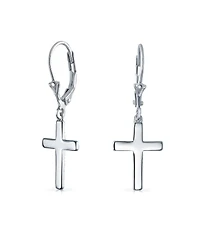 Bling Jewelry Minimalist Religious Cross Dangle Earrings 14K Gold Plated Sterling Silver