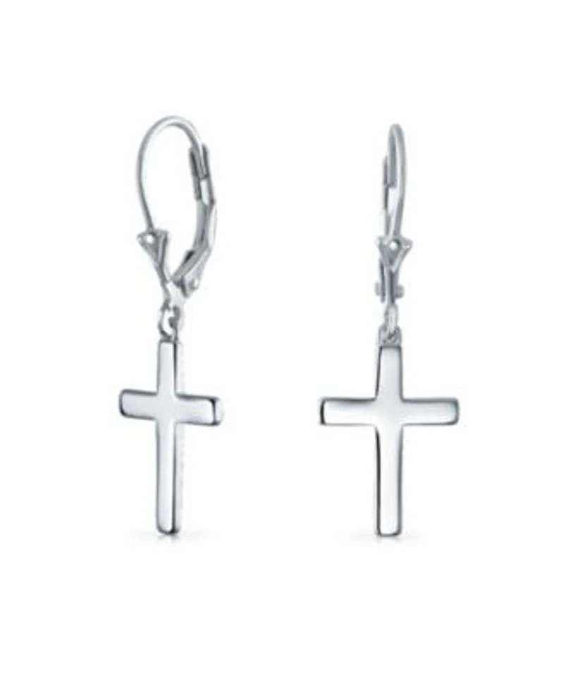 Bling Jewelry Minimalist Religious Cross Dangle Earrings 14K Gold Plated Sterling Silver
