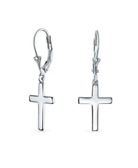 Bling Jewelry Minimalist Religious Cross Dangle Earrings 14K Gold Plated Sterling Silver