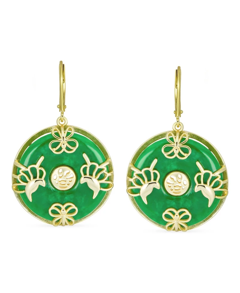 Bling Jewelry Asian Style Dangle Circle Round Donut Good Fortune Light Green Natural Jade Butterfly Disc Drop Statement Earrings 14K Gold Overlay Ster