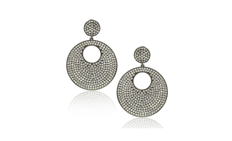 Suzy Levian Sterling Silver Cubic Zirconia Oversized Pave Open Circle Disk Dangle Earrings