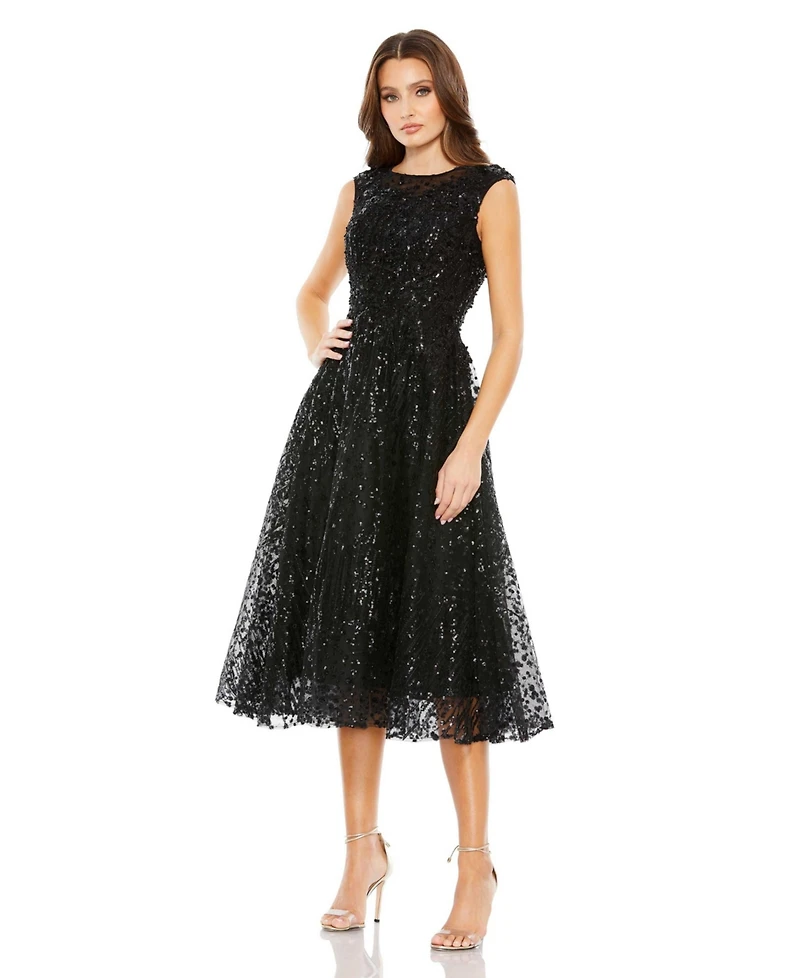Mac Duggal Women's Sequined Cap Sleeve Fit And Flare Dress