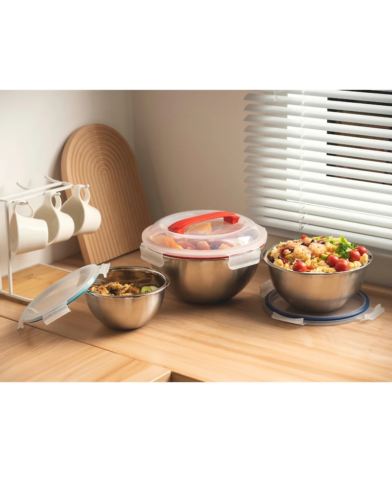 Genicook 6 Pc Nesting Stainless Steel Mixing Bowl Set, W Lock Down Lids and Carry Handle