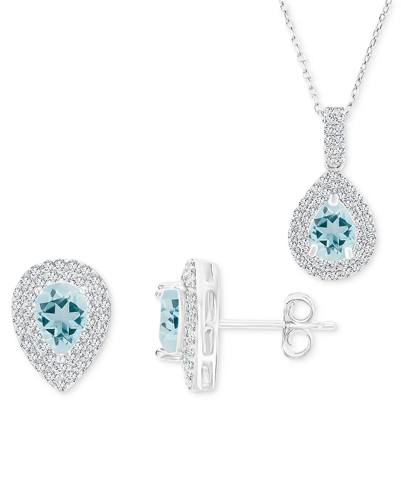 2-Pc. Set Aquamarine (2-1/4 ct. t.w.) & Lab-Grown White Sapphire (1 ct. t.w.) Teardrop Halo Pendant Necklace & Matching Stud Earrings in Sterling Silv