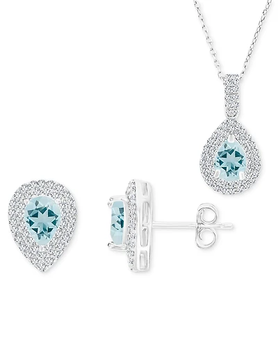 2-Pc. Set Aquamarine (2-1/4 ct. t.w.) & Lab-Grown White Sapphire (1 ct. t.w.) Teardrop Halo Pendant Necklace & Matching Stud Earrings in Sterling Silv