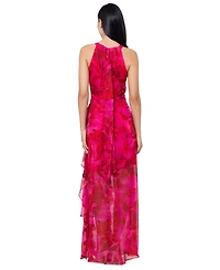 Betsy & Adam Women's Printed Ruffled Halter Gown