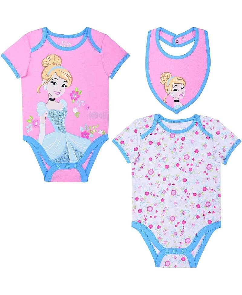 Baby Boys and Girls Pink, White Cinderella 3-Piece Bodysuit Bib Set