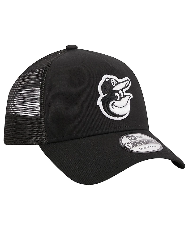 Men's New Era Black Baltimore Orioles A-Frame 9FORTY Trucker Adjustable Hat