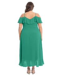 London Times Plus Size Ruffled Cold-Shoulder Maxi Dress
