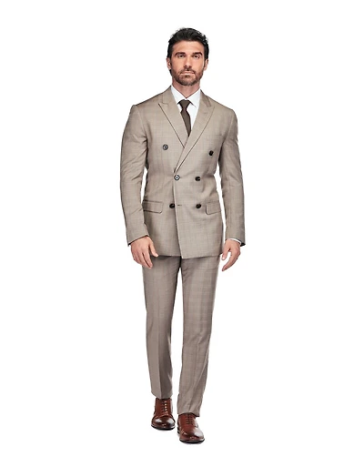 Gino Vitale Men's 2 Piece Slim Fit Brown Check Double Breasted Suit