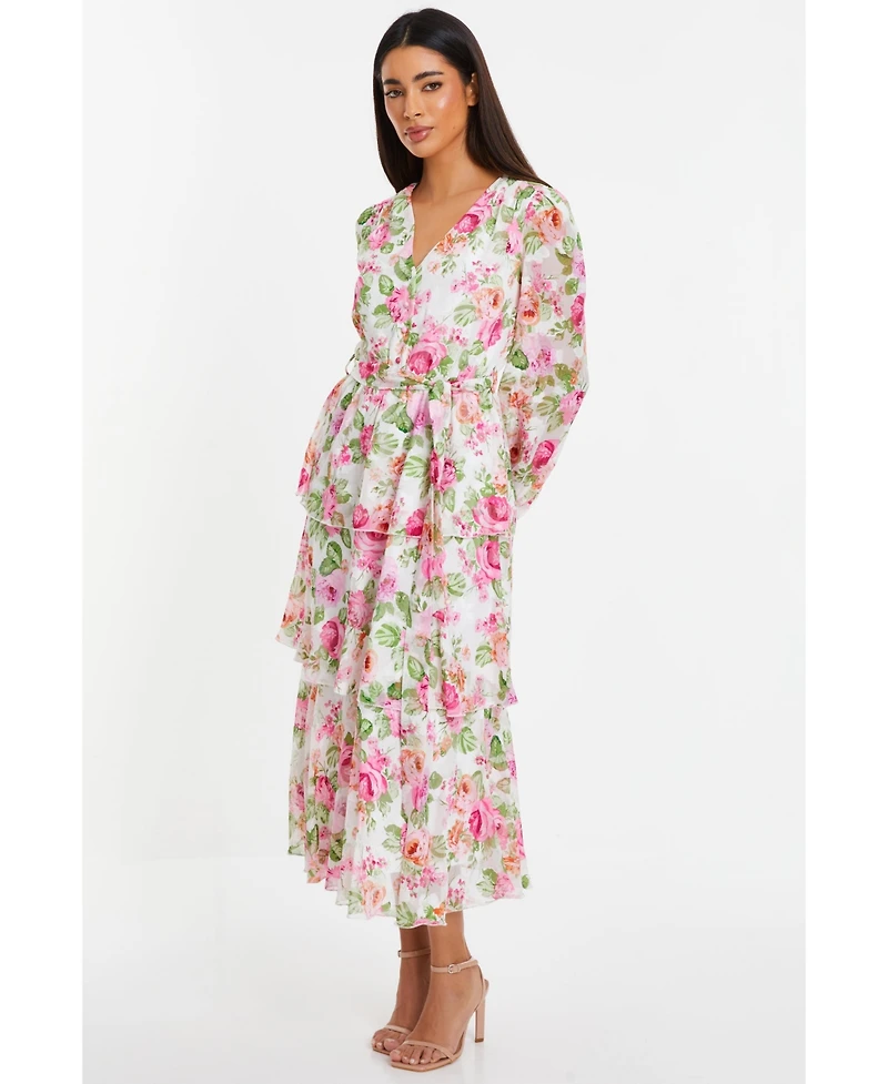 Quiz Women's Floral Chiffon Jacquard Button Detail Dress