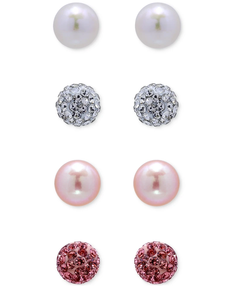 4-Pc. Set White & Dyed Pink Cultured Freshwater Pearl & Crystal Fireball Stud Earrings in Sterling Silver