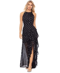 Betsy & Adam Petite Printed Ruffled Halter Gown