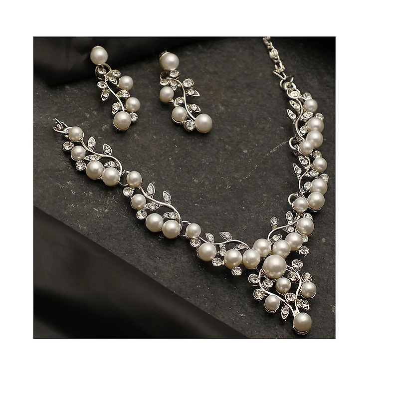 Sohi Women's White Pearl Cluster Necklace And Earrings (7-8 mm) (Set Of 2)