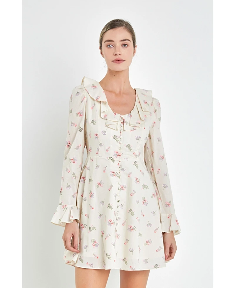 Women's Floral Ruffled Neck Mini Dress