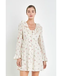 Women's Floral Ruffled Neck Mini Dress