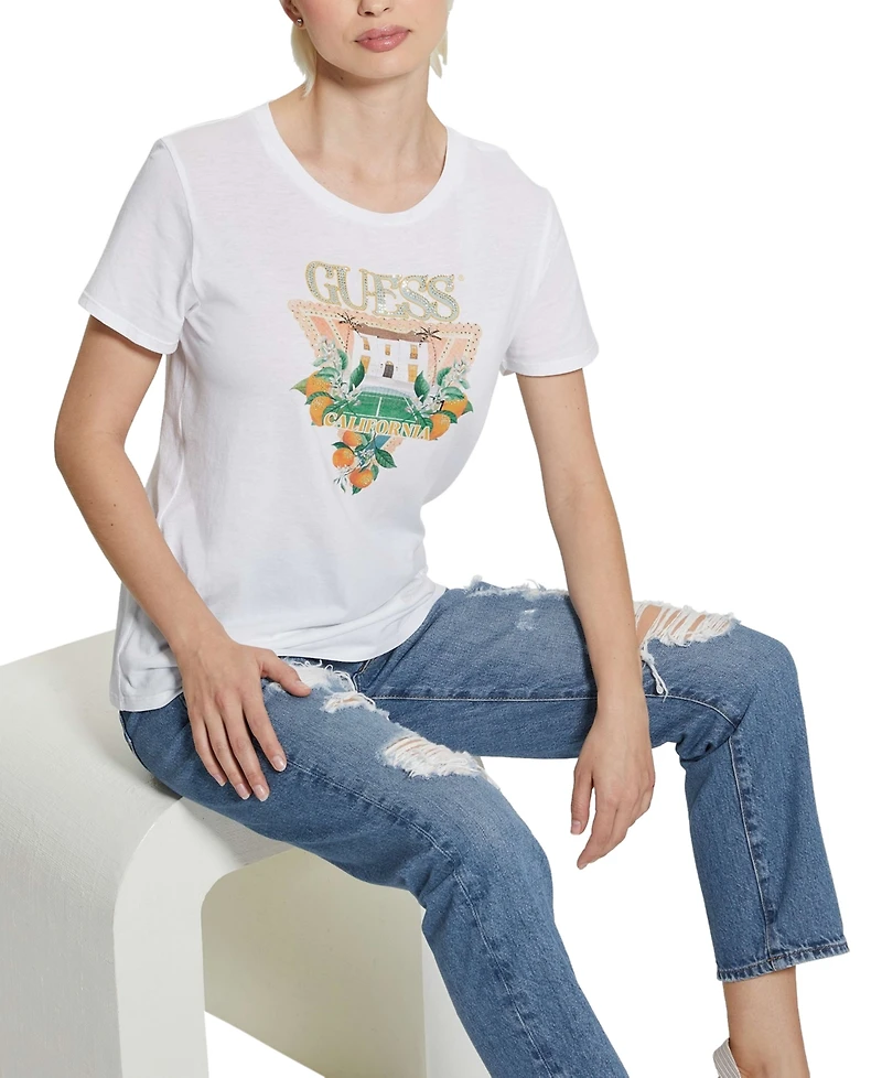 Guess Women's Embellished Mansion Logo Easy T-Shirt