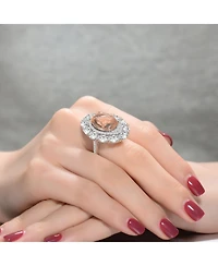 Sterling Silver with White Gold Plated Pink Oval Clear Round Cubic Zirconia Halo Ring