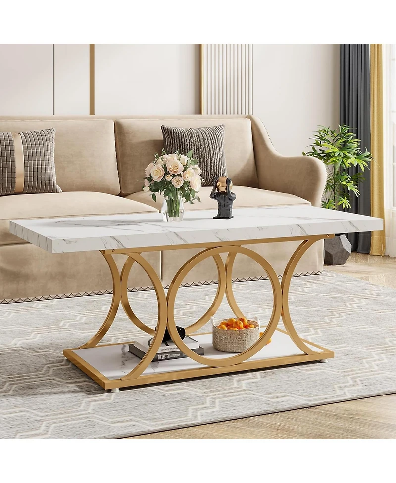 Tribesigns Rectangle Coffee Table, 47.24-inch Modern Coffee Tables for Living Room, 2-Tier Faux Marble Wood Coffee Table with Geometric Metal Legs,Bla