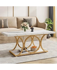 Tribesigns Rectangle Coffee Table, 47.24-inch Modern Coffee Tables for Living Room, 2-Tier Faux Marble Wood Coffee Table with Geometric Metal Legs,Bla