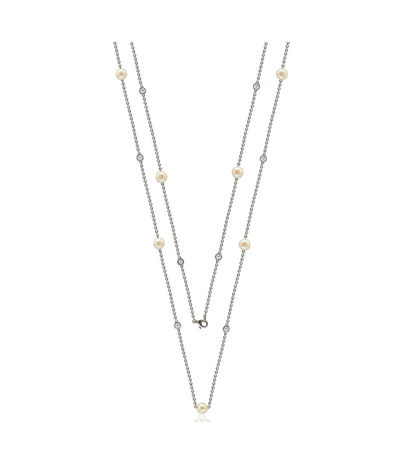 Suzy Levian Sterling Silver Pearl and Cubic Zirconia Station Necklace