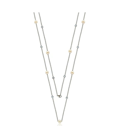 Suzy Levian Sterling Silver Pearl and Cubic Zirconia Station Necklace