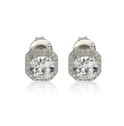 Suzy Levian Sterling Silver Cubic Zirconia Art-Deco Halo Cushion Stud Earrings