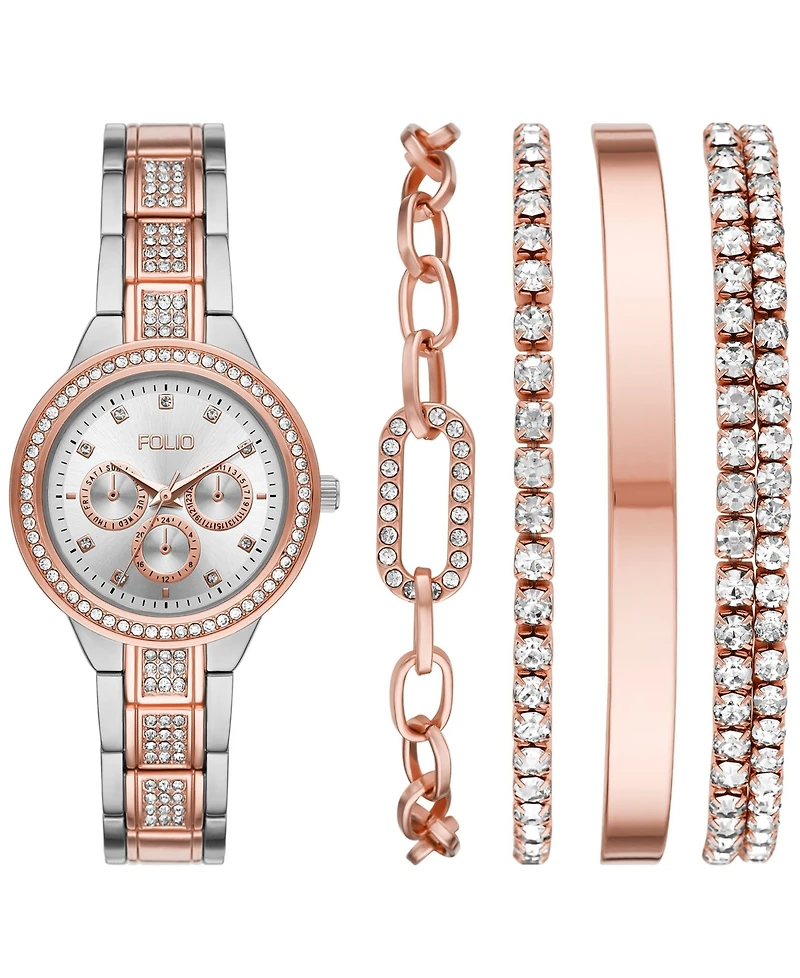 Folio Women's Three Hand Two-Tone Alloy Watch 34mm Gift Set