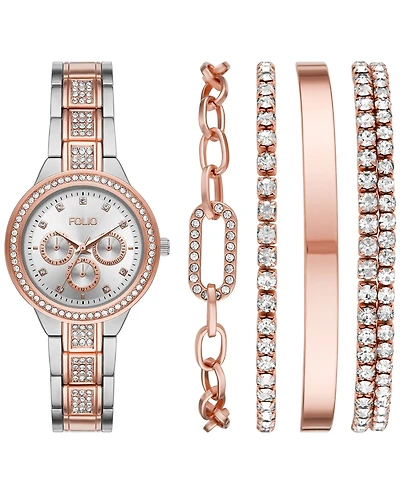 Folio Women's Three Hand Two-Tone Alloy Watch 34mm Gift Set