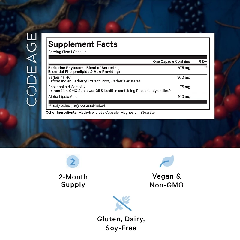 Codeage Berberine Phytosome Supplement - Berberine Hcl, Alpha Lipoic Acid, Phospholipid Complex - 2-Month Supply - Berberine Hcl
