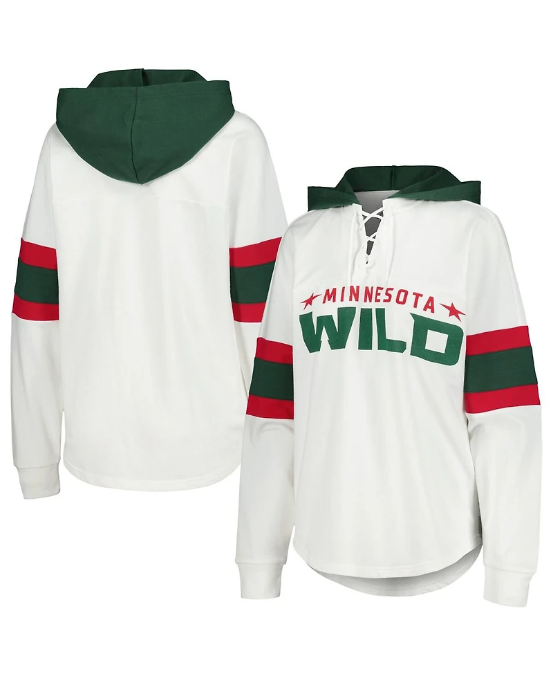 Women's G-iii 4Her by Carl Banks White, Green Minnesota Wild Goal Zone Long Sleeve Lace-Up Hoodie T-shirt