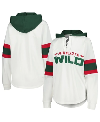 Women's G-iii 4Her by Carl Banks White, Green Minnesota Wild Goal Zone Long Sleeve Lace-Up Hoodie T-shirt