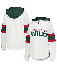 Women's G-iii 4Her by Carl Banks White, Green Minnesota Wild Goal Zone Long Sleeve Lace-Up Hoodie T-shirt