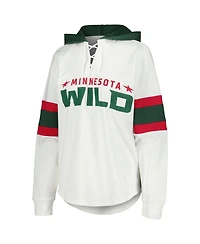 Women's G-iii 4Her by Carl Banks White, Green Minnesota Wild Goal Zone Long Sleeve Lace-Up Hoodie T-shirt