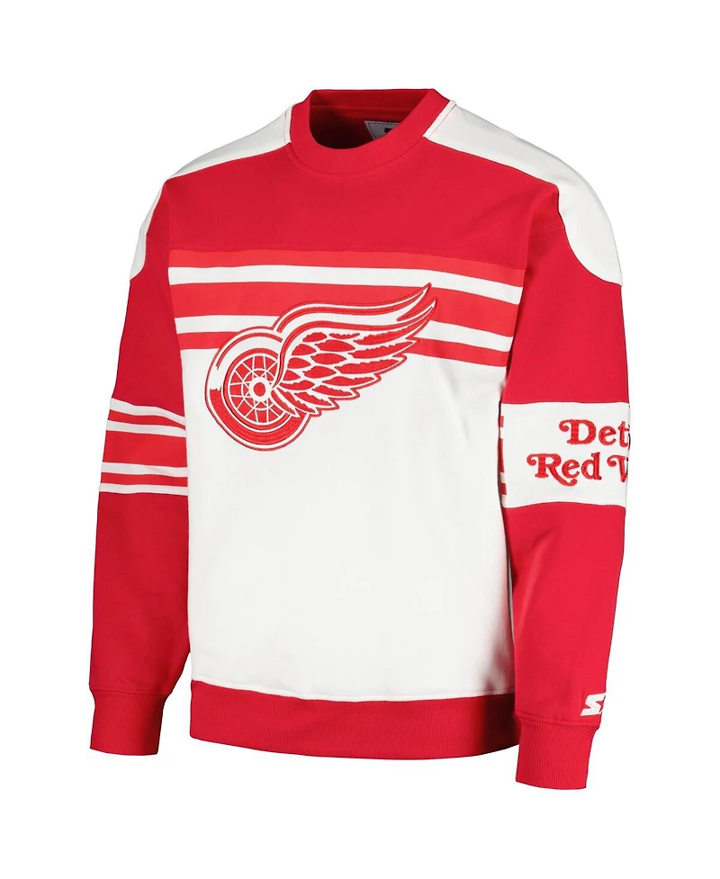 Men's Starter White Detroit Red Wings Defense Fleece Crewneck Pullover Sweatshirt