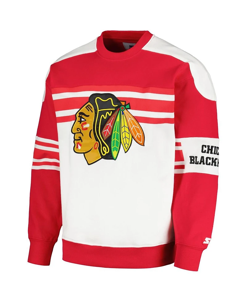 Men's Starter White Chicago Blackhawks Defense Fleece Crewneck Pullover Sweatshirt