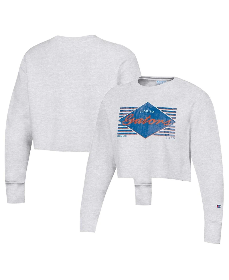 Women's Champion Heather Gray Distressed Florida Gators Reverse Weave Cropped Pullover Sweatshirt