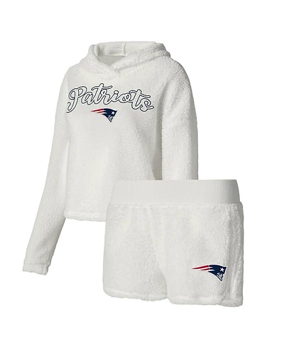 Women's Concepts Sport White New England Patriots Fluffy Pullover Sweatshirt and Shorts Sleep Set
