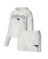 Women's Concepts Sport White New England Patriots Fluffy Pullover Sweatshirt and Shorts Sleep Set
