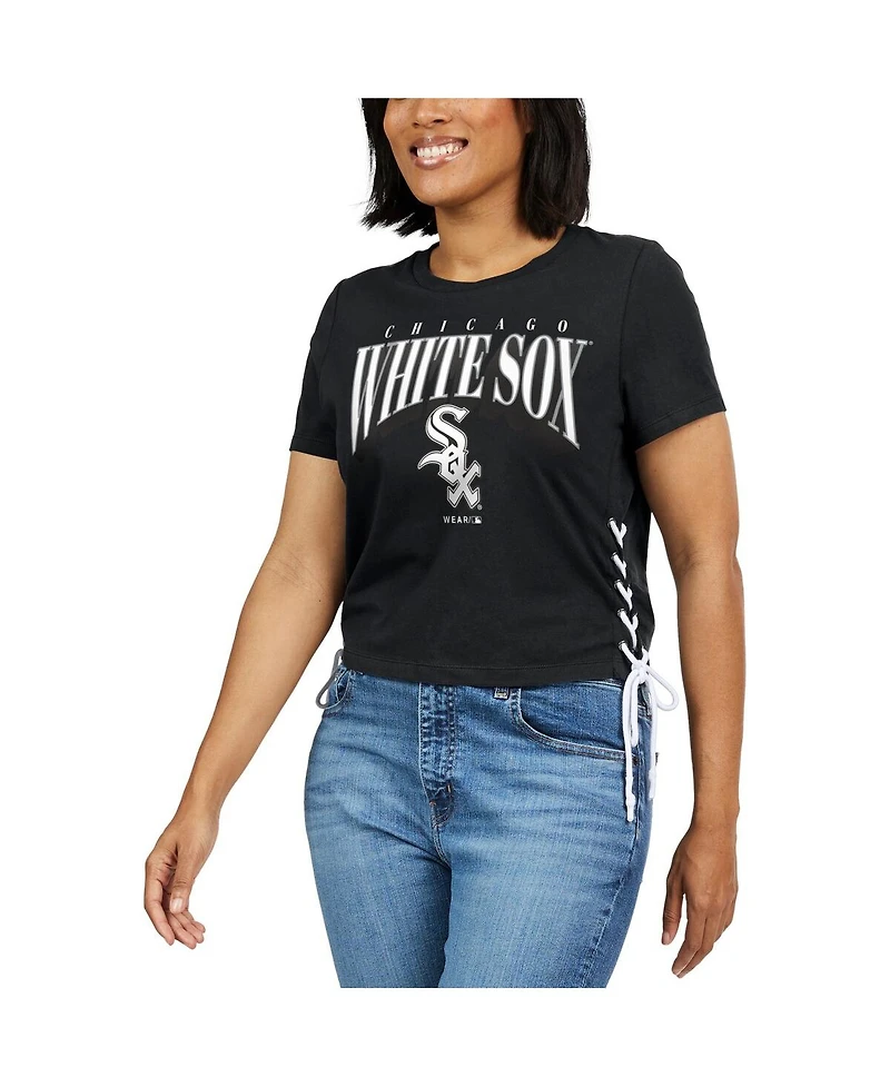 Women's Wear by Erin Andrews Black Chicago White Sox Side Lace-Up Cropped T-shirt