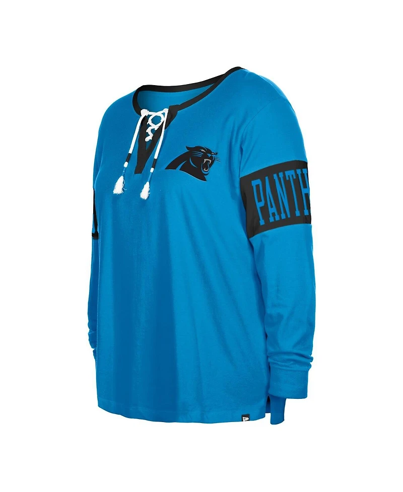 Women's New Era Blue Carolina Panthers Plus Lace-Up Notch Neck Long Sleeve T-shirt